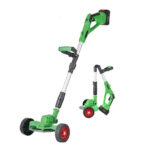 18V cordless electric lawn mower with brushless motor cutting grass in garden
