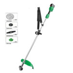 Small cordless lawn mower with square blade trimming flat garden lawn