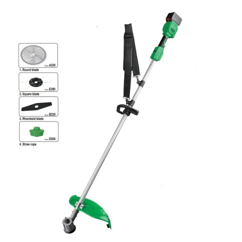 Small cordless lawn mower with square blade trimming flat garden lawn