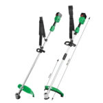 Cordless lawn mower with battery and charger trimming garden grass