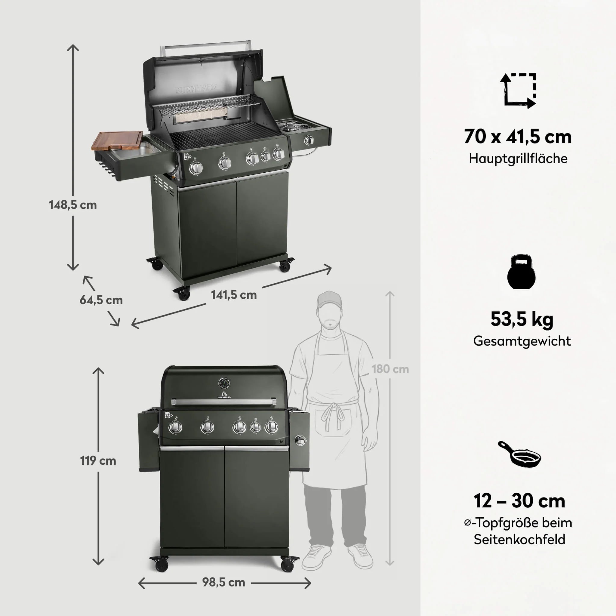 Burnhard Big FRED Deluxe Gasgrill 4 Brenner – 21,2 kW, Infrarot- & Heckbrenner – Bild 40