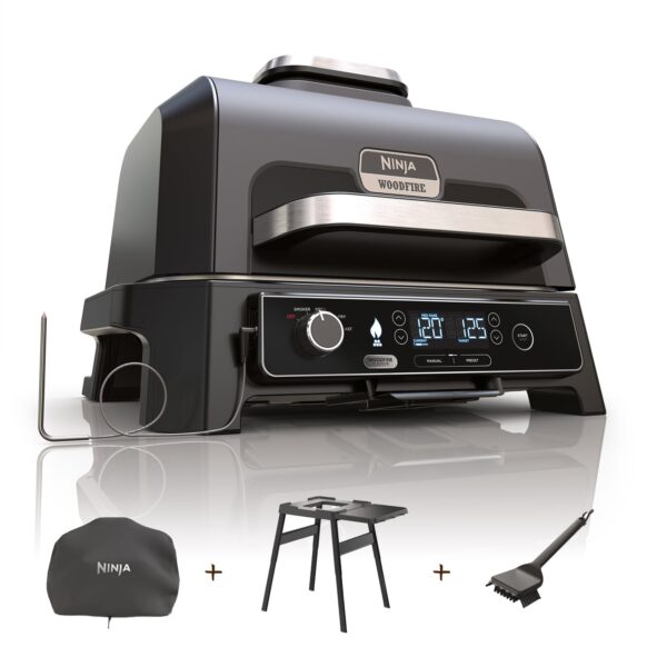 Ninja Foodi Woodfire Pro XL OG850EU Elektro-Outdoor-Grill & Smoker 45×31 cm Bundle mit Untergestell
